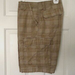 Plugg Mens Flat Front Tan Cotton Plaid 6-Pocket Cargo Short Pant - Size 33W